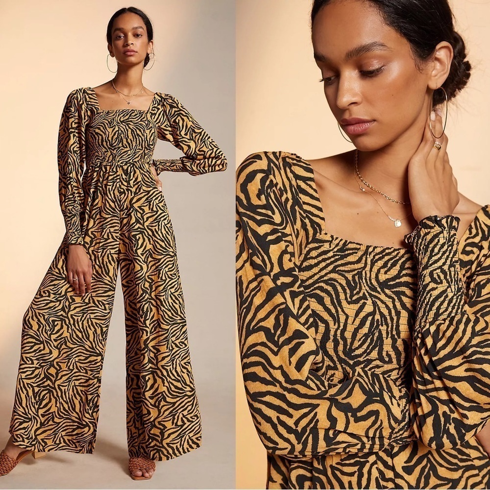 Kachel x Anthropologie • Tiger-Striped Jumpsuit wide leg palazzo smocked